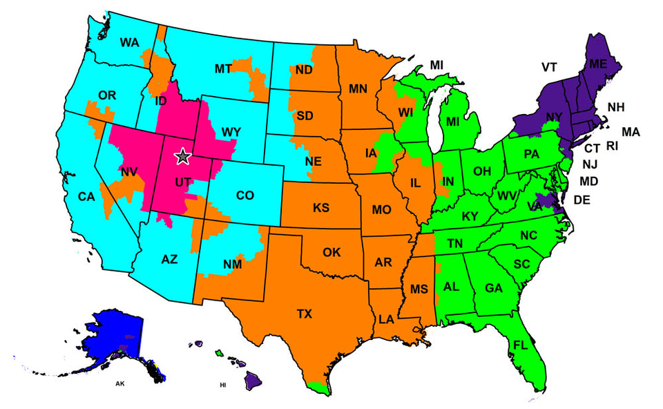 Map of the U.S. color-coded by regions: West (light blue), Southwest (orange), Midwest (green), South (yellow-green), and Northeast (purple), with state boundaries and abbreviations marked.