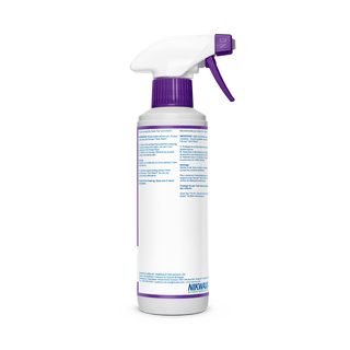 A white spray-on bottle with a purple nozzle and trigger is shown against a plain background. The label displays Big Agnes Nikwax TX Direct Spray-On Waterproofing 10 oz., for restoring water-repellency to synthetic outerwear.