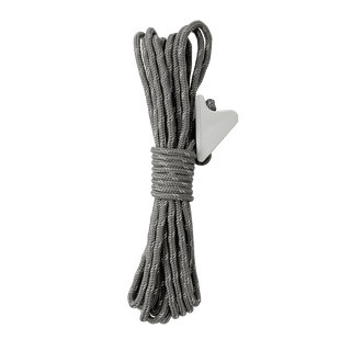 The Big Agnes Accessory Guylines 2mm features a neatly coiled gray high-strength cord with a white triangular plastic clip, shown against a plain white background.