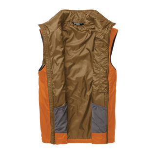 Unzipped orange insulated vest with bronze interior fabric