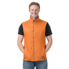 Man standing wearing orange insulated vest with bronze accents and Big Agnes logo
