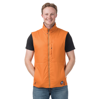 Man standing wearing orange insulated vest with bronze accents and Big Agnes logo
