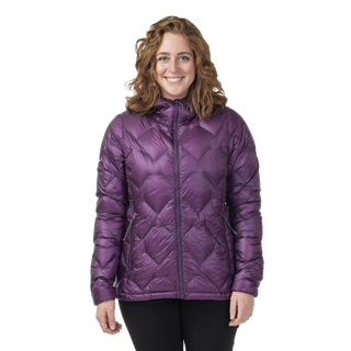Woman wearing dark purple geometric patterned hooded jacket