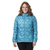 Woman in geometric patterned blue puffer jacket