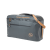 The Big Agnes Big Joe Gear Duffel is a gray heavy-duty bag with tan accents, a top handle, adjustable shoulder strap, front zipper pocket, and "big agnes" printed in tan on top.