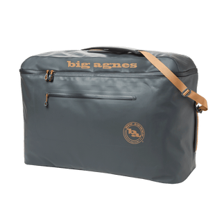 The Big Agnes Big Joe Gear Duffel is a spacious gray bag with tan branding, top handle, adjustable shoulder strap, front zipper pocket, and a round logo—ideal for carrying all your gear.