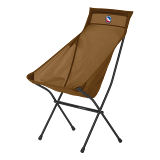 The Big Agnes Big Six Camp Chair is a lightweight brown portable chair with a tall mesh back, black metal frame, round logo patch on the upper backrest, sling-style seat, and four sturdy legs.