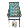The Big Agnes Big Six Camp Chair features blue, teal, and tan geometric patterns with a Friends of the Yampa river scene patch below its tall back. The chair is shown against a plain white background.