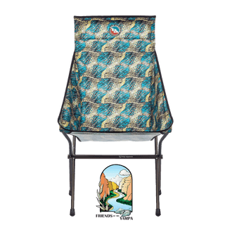 The Big Agnes Big Six Camp Chair features blue, teal, and tan geometric patterns with a Friends of the Yampa river scene patch below its tall back. The chair is shown against a plain white background.