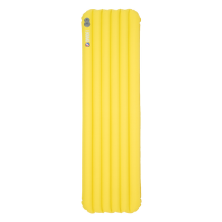 The Big Agnes Divide Insulated is a bright yellow, lightweight rectangular sleeping pad with horizontal air chambers, crafted from recycled fabric and shown from above on a white background.