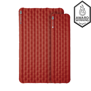Two Big Agnes Rapide SL Insulated sleeping pads in red are side by side on a white background, with an Award Winning badge featuring a flame icon in the top right corner, showcasing this top-rated backpacking pad.