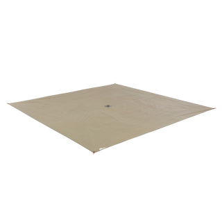A large, square, beige Big Agnes Gold Camp 5 Footprint is laid flat on a white background. It has reinforced corners and a small logo near the center, providing durable ground protection for lightweight backcountry shelter setups.