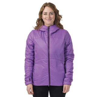 Woman wearing purple hooded jacket