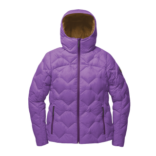 Purple quilted jacket with a hood on a white background
