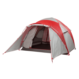 The Big Agnes Mad House 4 is a large, red and gray dome-shaped tent with an open front entrance showing its spacious interior. This all-season shelter features multiple panels and accommodates several people.