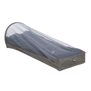 The Big Agnes Three Wire Mesh Bivy, a gray ultralight shelter for solo use with a clear mesh cover, red accents, and a logo patch, is displayed against a white background.