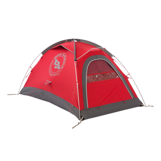 The Big Agnes Shield 2 is a red and gray dome mountaineering tent with a round logo, zippered entrance, clear window panel, guy lines, and stakes. Made of ultralight nylon, this four-season tent is perfect for rugged conditions.