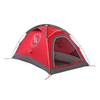 The Big Agnes Shield 2 is a red and gray dome mountaineering tent with an open front door, visible support poles, and ultralight nylon construction, shown set up on a plain white background.