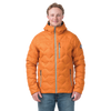 Man wearing an orange quilted jacket on a white background