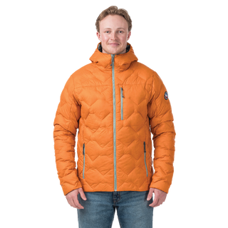 Man wearing an orange quilted jacket on a white background