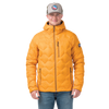 Person wearing a yellow quilted jacket with a brand logo on a white background