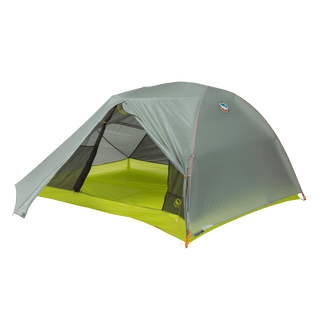 The Big Agnes Tiger Wall UL2 is a lightweight, ultralight two-person tent with a gray rainfly, lime green floor, mesh inner panels, and roomy interior—ideal for three-season backcountry trips—shown on a plain white background.