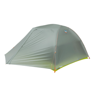 The Big Agnes Tiger Wall UL2 is a light gray, dome-shaped three-season tent with orange trim and a logo on one side, shown against a plain white background—ideal for backcountry adventures.